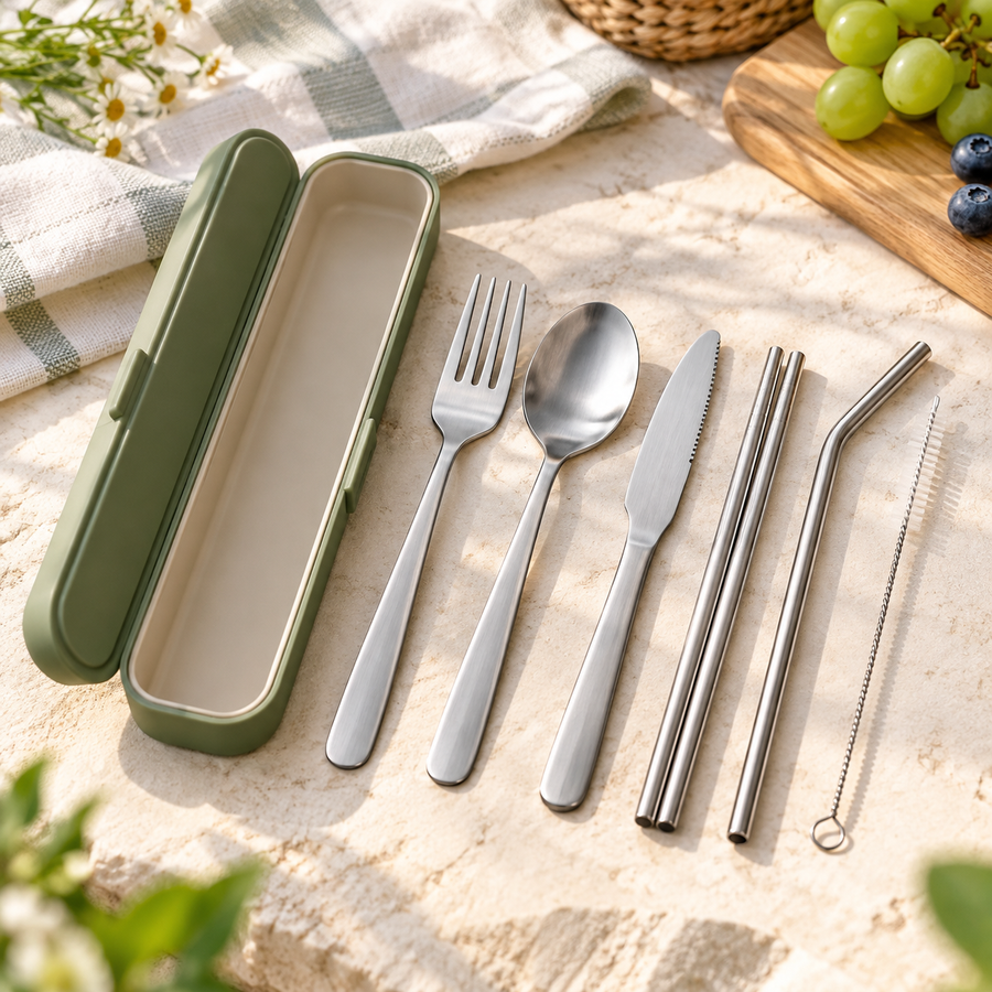 Portable Stainless Steel Cutlery Set with Travel Case – Reusable Fork, Spoon, Knife, Chopsticks & Metal Straw for Camping, Picnics, Travel & Everyday Meals