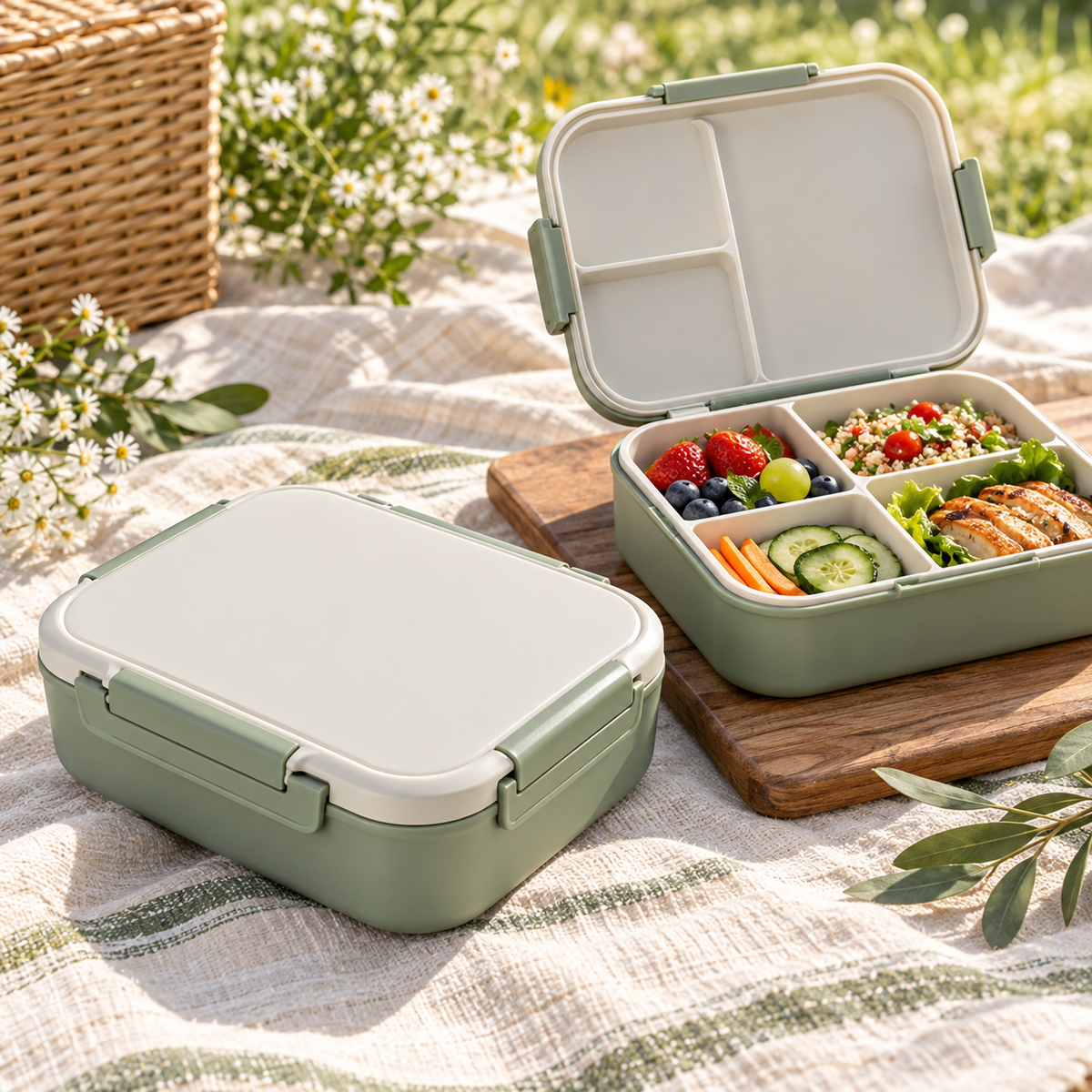 Portable 4-Compartment Bento Lunch Box with Secure Locking Lid – Reusable Food Storage Container for Meal Prep, Work, School, Picnics, Camping & Travel