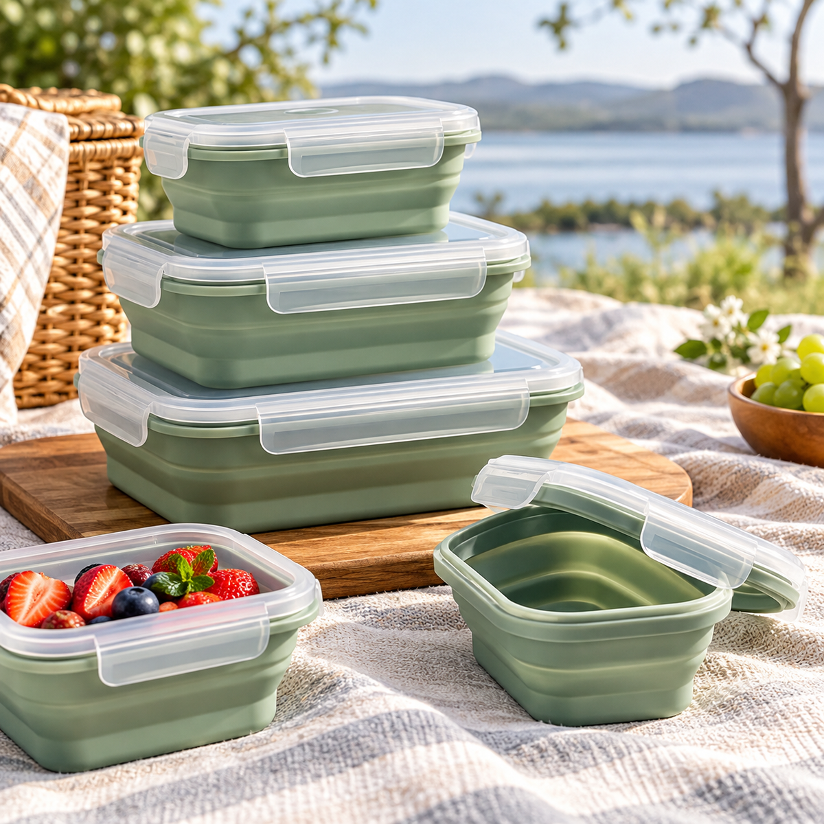 Collapsible Food Storage Containers with Snap-Lock Lids – Reusable Space-Saving Silicone Containers for Meal Prep, Picnics, Camping, Travel & Kitchen Organization