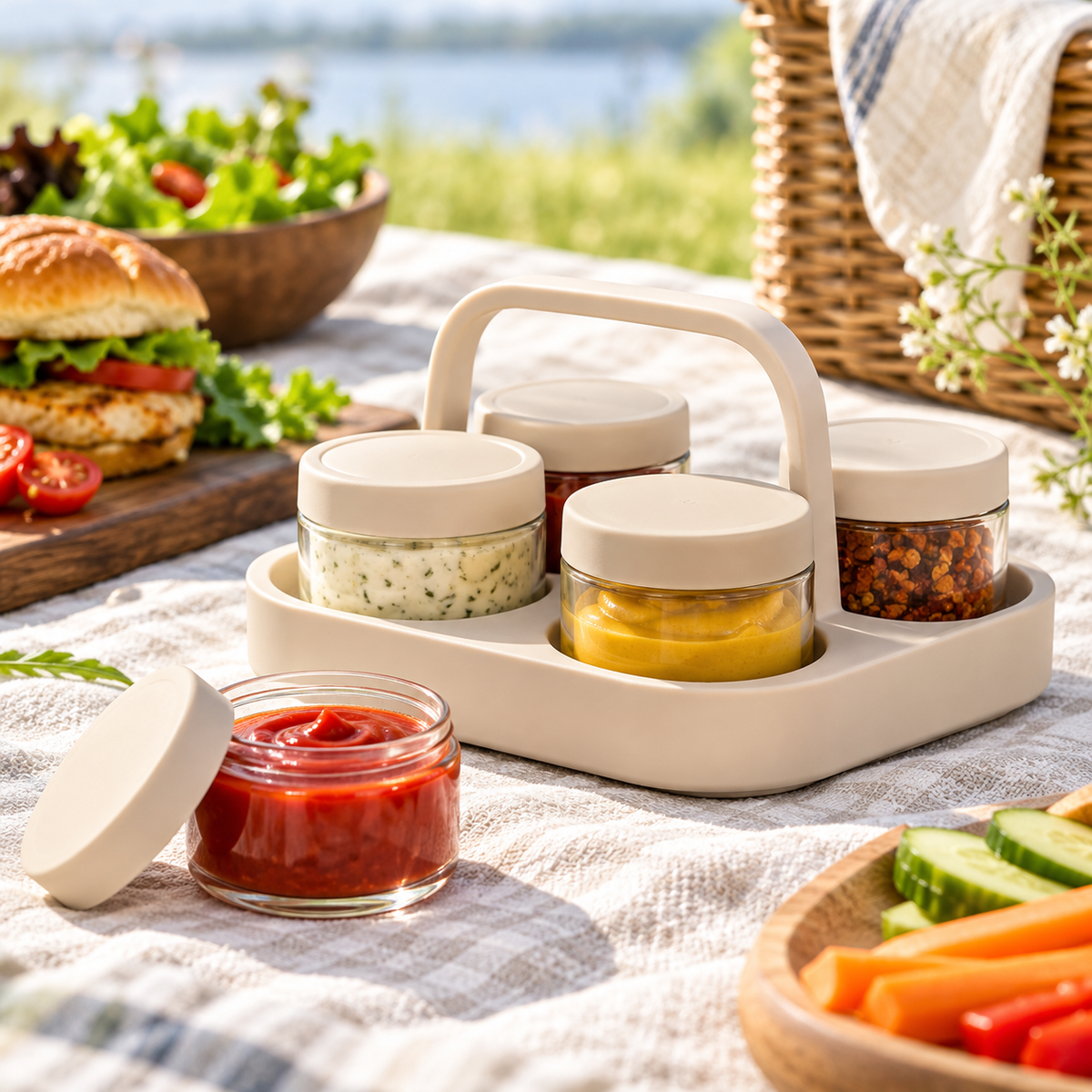Portable 4-Piece Glass Condiment Jar Set with Carrying Handle – Reusable Sauce & Spice Containers for Picnics, BBQs, Camping, Travel & Outdoor Dining