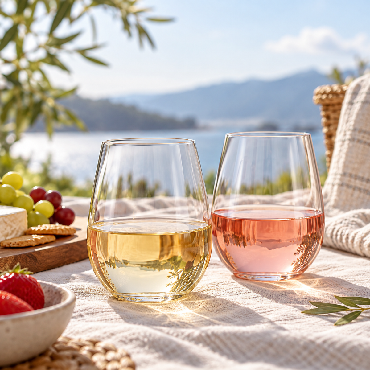 Elegant Stemless Wine Glasses Set of 2 – Modern Clear Drinking Tumblers for Picnics, Outdoor Dining, Patio Parties, Camping, Weddings & Everyday Entertaining