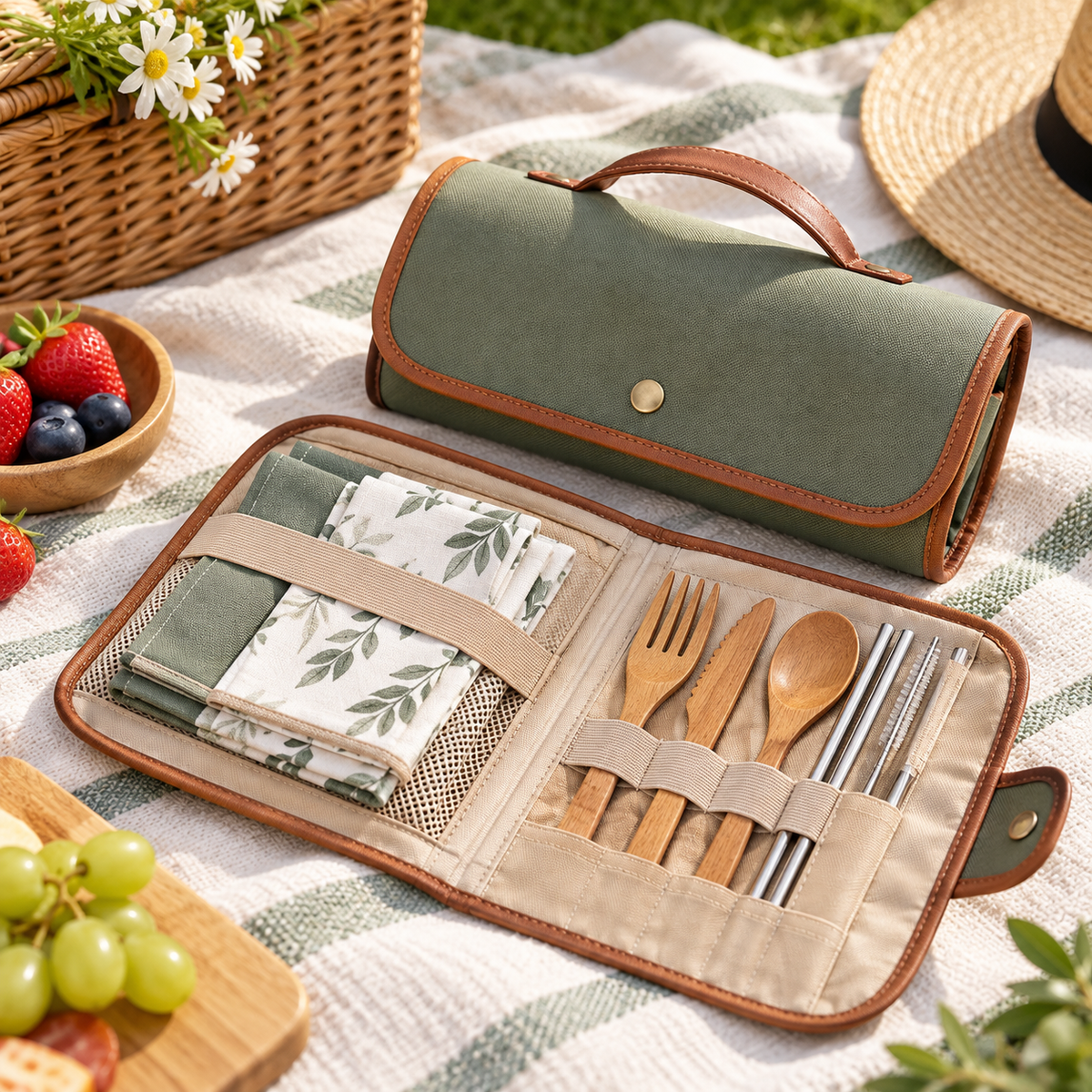 Portable Roll-Up Picnic Cutlery Set with Carrying Case – Reusable Wooden Utensils, Stainless Steel Straws & Cloth Napkins for Camping, Outdoor Dining, Travel & Picnics