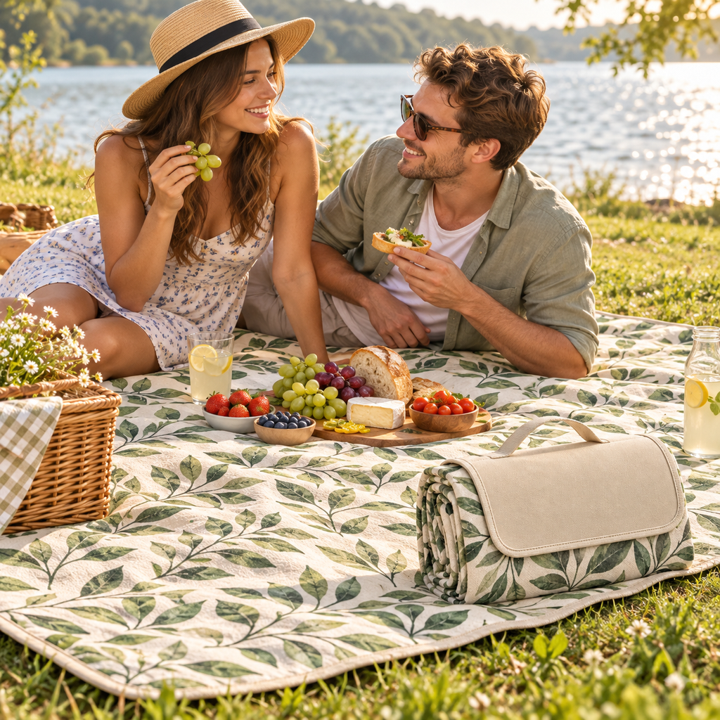 Botanical Leaf Foldable Picnic Blanket with Carry Handle – Portable Outdoor Picnic Mat for Camping, Beach Trips, Parks & Family Outings