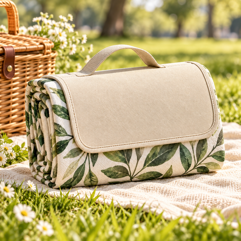 Botanical Leaf Foldable Picnic Blanket with Carry Handle – Portable Outdoor Picnic Mat for Camping, Beach Trips, Parks & Family Outings