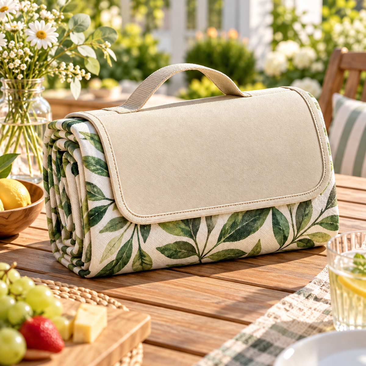Botanical Leaf Foldable Picnic Blanket with Carry Handle – Portable Outdoor Picnic Mat for Camping, Beach Trips, Parks & Family Outings