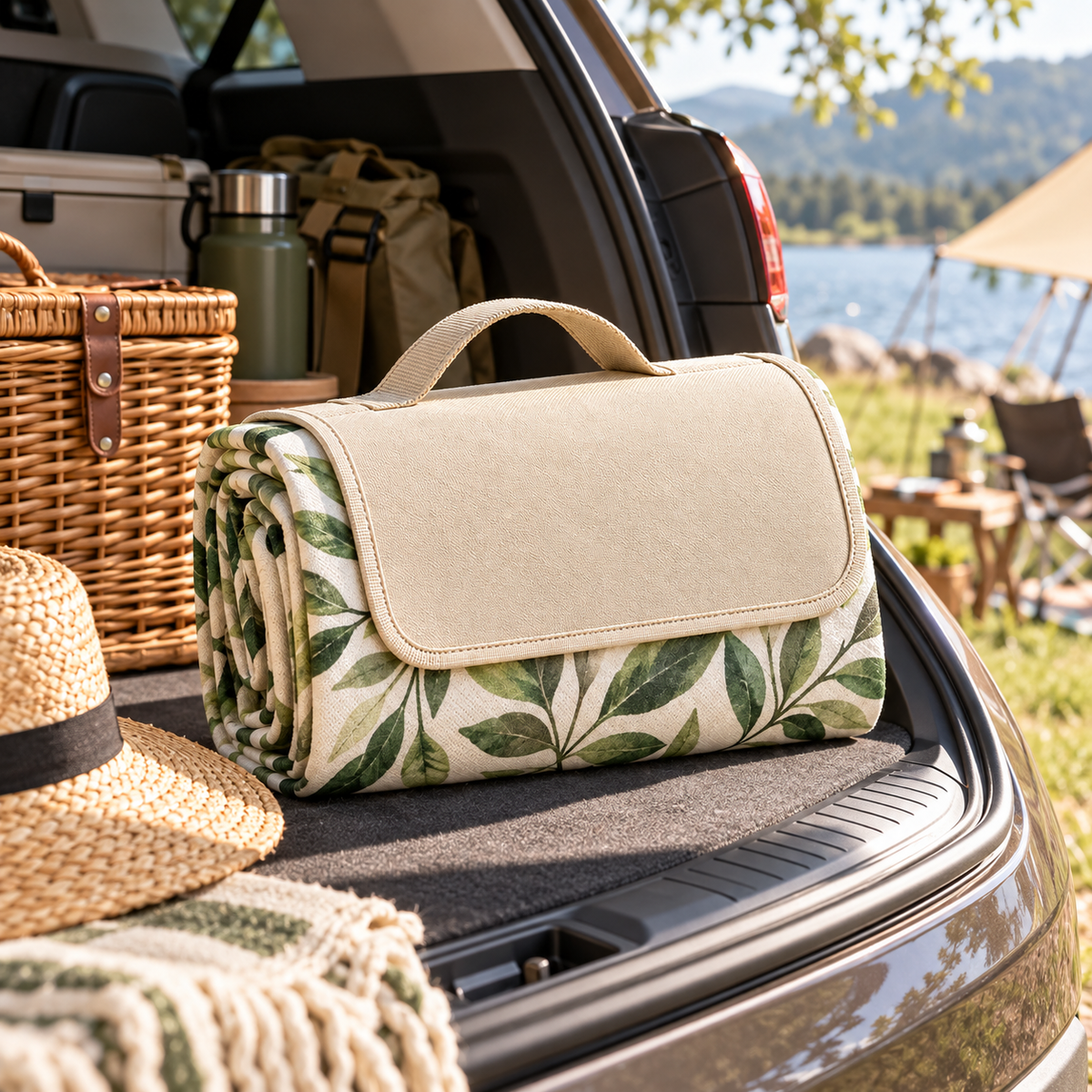 Botanical Leaf Foldable Picnic Blanket with Carry Handle – Portable Outdoor Picnic Mat for Camping, Beach Trips, Parks & Family Outings
