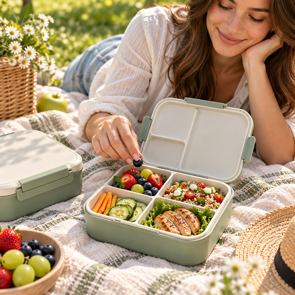 Portable 4-Compartment Bento Lunch Box with Secure Locking Lid – Reusable Food Storage Container for Meal Prep, Work, School, Picnics, Camping & Travel