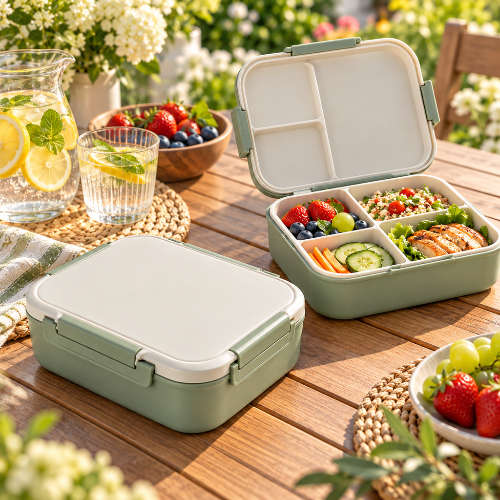 Portable 4-Compartment Bento Lunch Box with Secure Locking Lid – Reusable Food Storage Container for Meal Prep, Work, School, Picnics, Camping & Travel