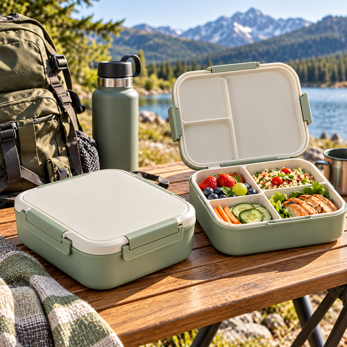 Portable 4-Compartment Bento Lunch Box with Secure Locking Lid – Reusable Food Storage Container for Meal Prep, Work, School, Picnics, Camping & Travel