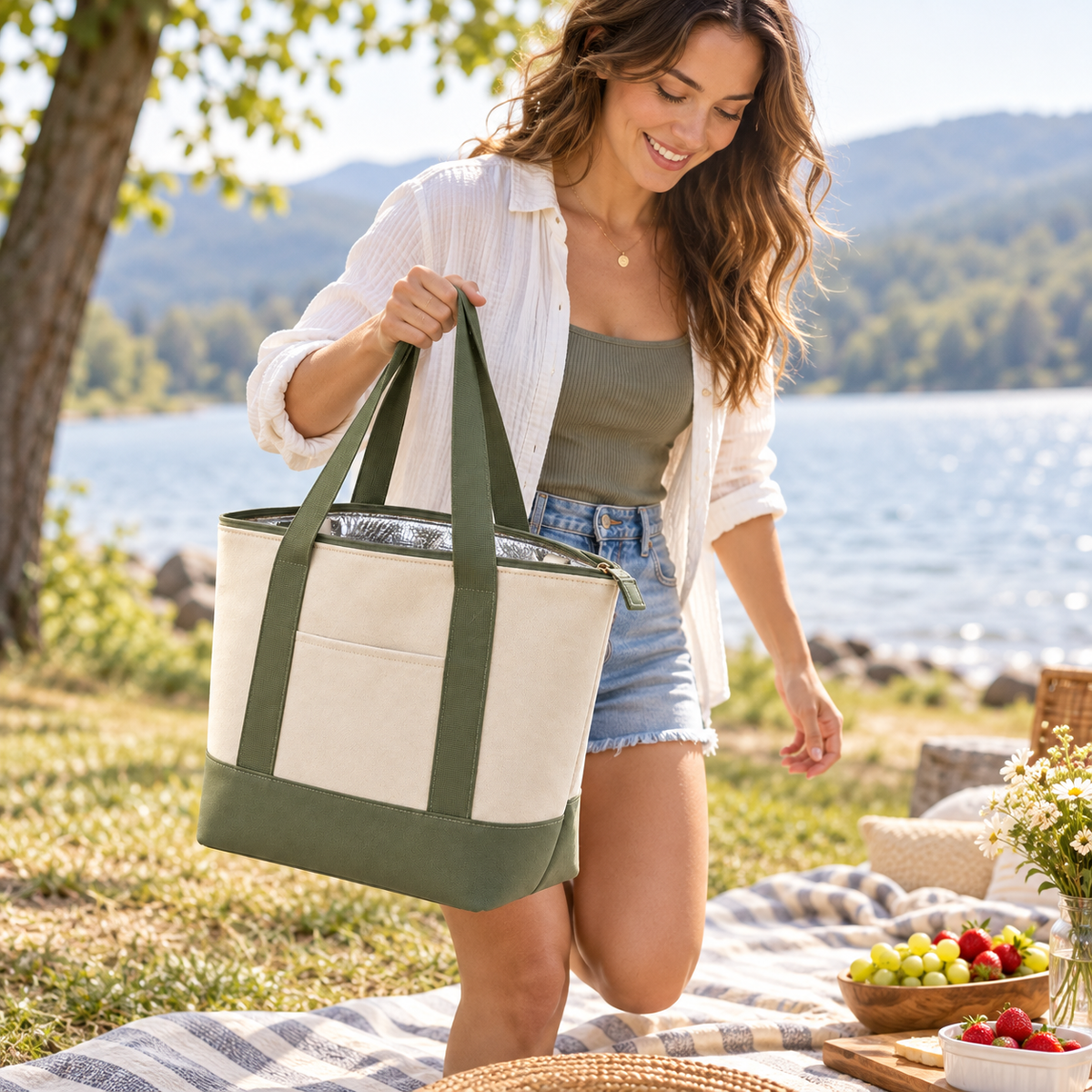 Portable Insulated Cooler Tote Bag with Zipper Closure – Reusable Thermal Lunch Bag for Picnics, Beach Trips, Camping, Grocery Shopping & Outdoor Adventures
