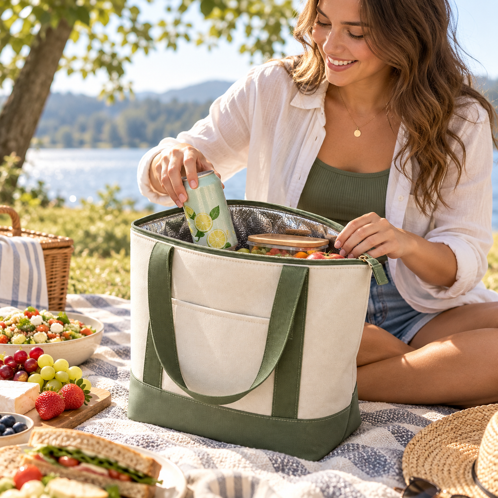 Portable Insulated Cooler Tote Bag with Zipper Closure – Reusable Thermal Lunch Bag for Picnics, Beach Trips, Camping, Grocery Shopping & Outdoor Adventures