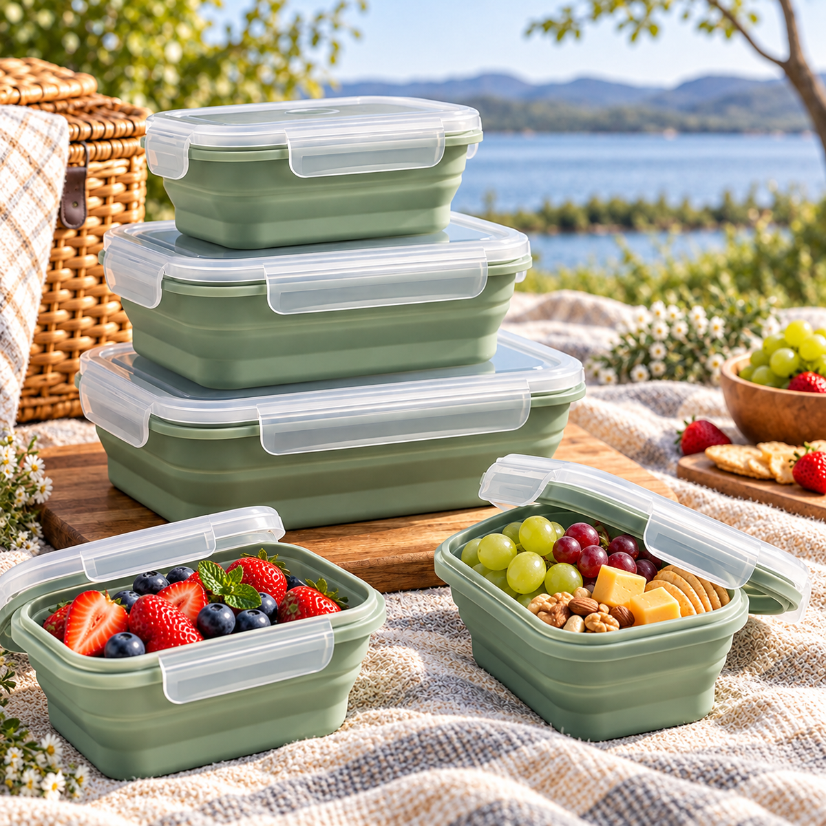 Collapsible Food Storage Containers with Snap-Lock Lids – Reusable Space-Saving Silicone Containers for Meal Prep, Picnics, Camping, Travel & Kitchen Organization
