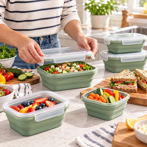Collapsible Food Storage Containers with Snap-Lock Lids – Reusable Space-Saving Silicone Containers for Meal Prep, Picnics, Camping, Travel & Kitchen Organization