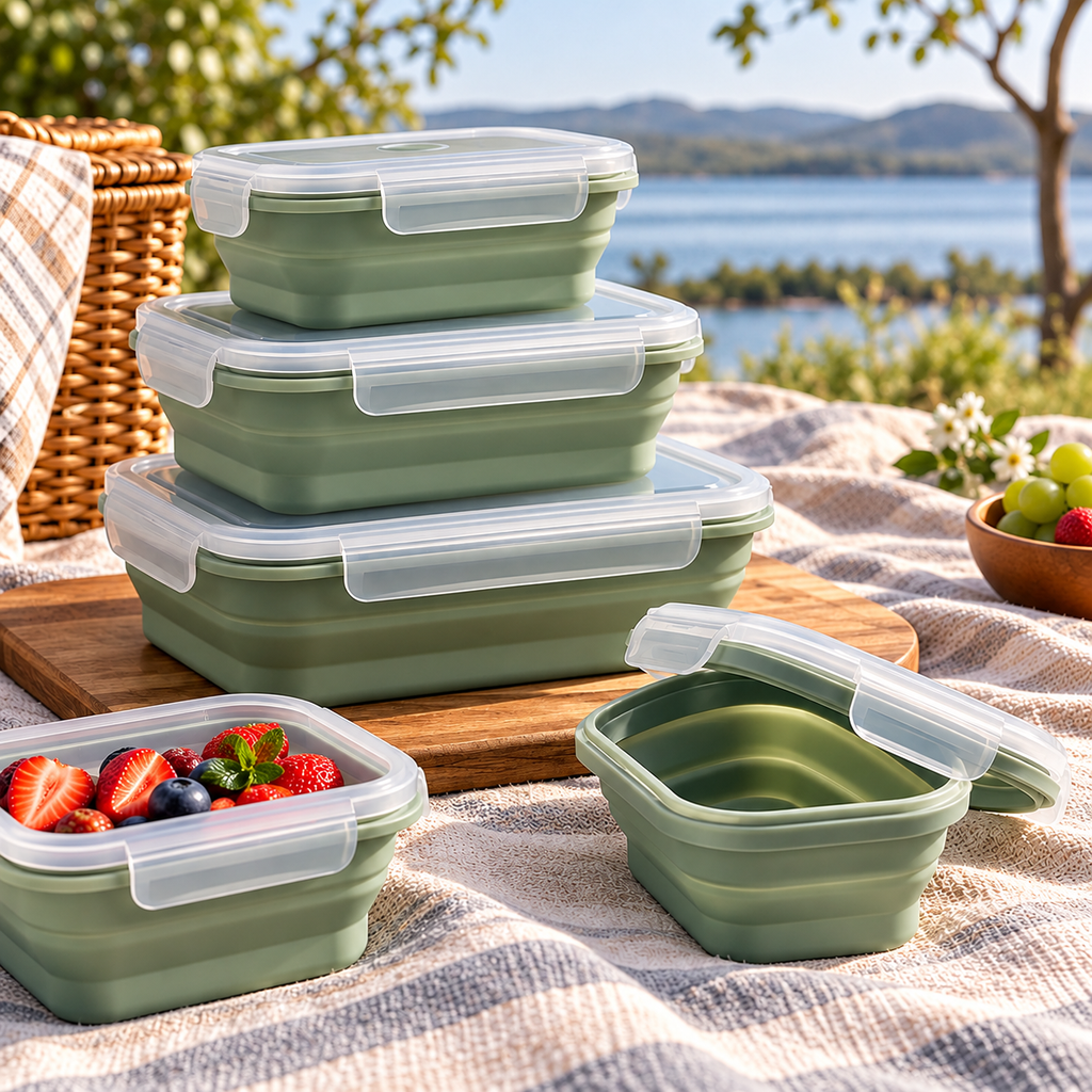 Collapsible Food Storage Containers with Snap-Lock Lids – Reusable Space-Saving Silicone Containers for Meal Prep, Picnics, Camping, Travel & Kitchen Organization