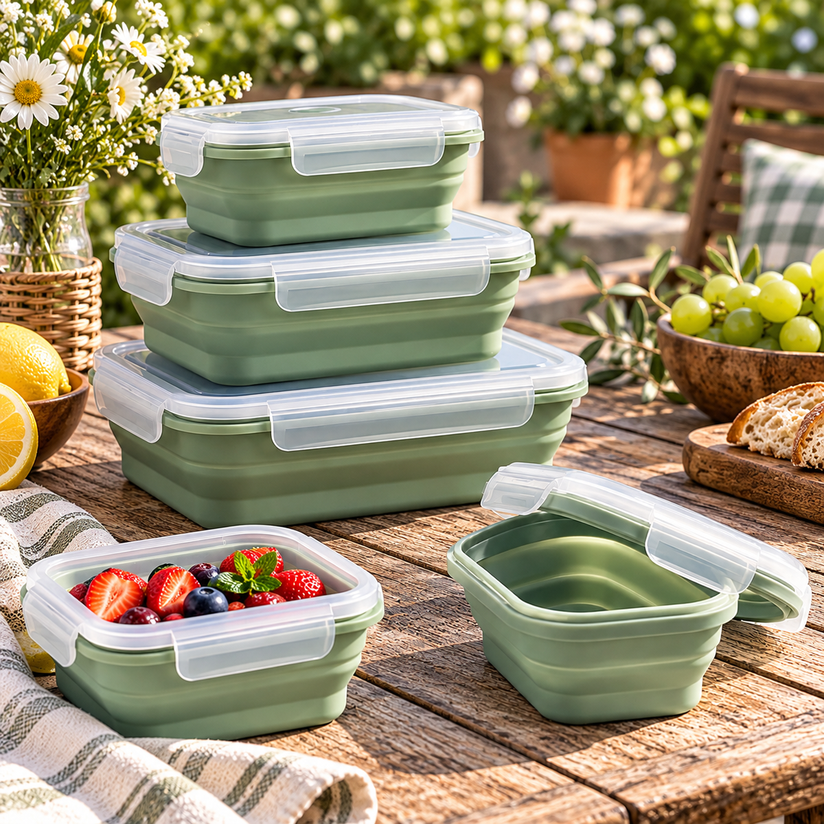 Collapsible Food Storage Containers with Snap-Lock Lids – Reusable Space-Saving Silicone Containers for Meal Prep, Picnics, Camping, Travel & Kitchen Organization