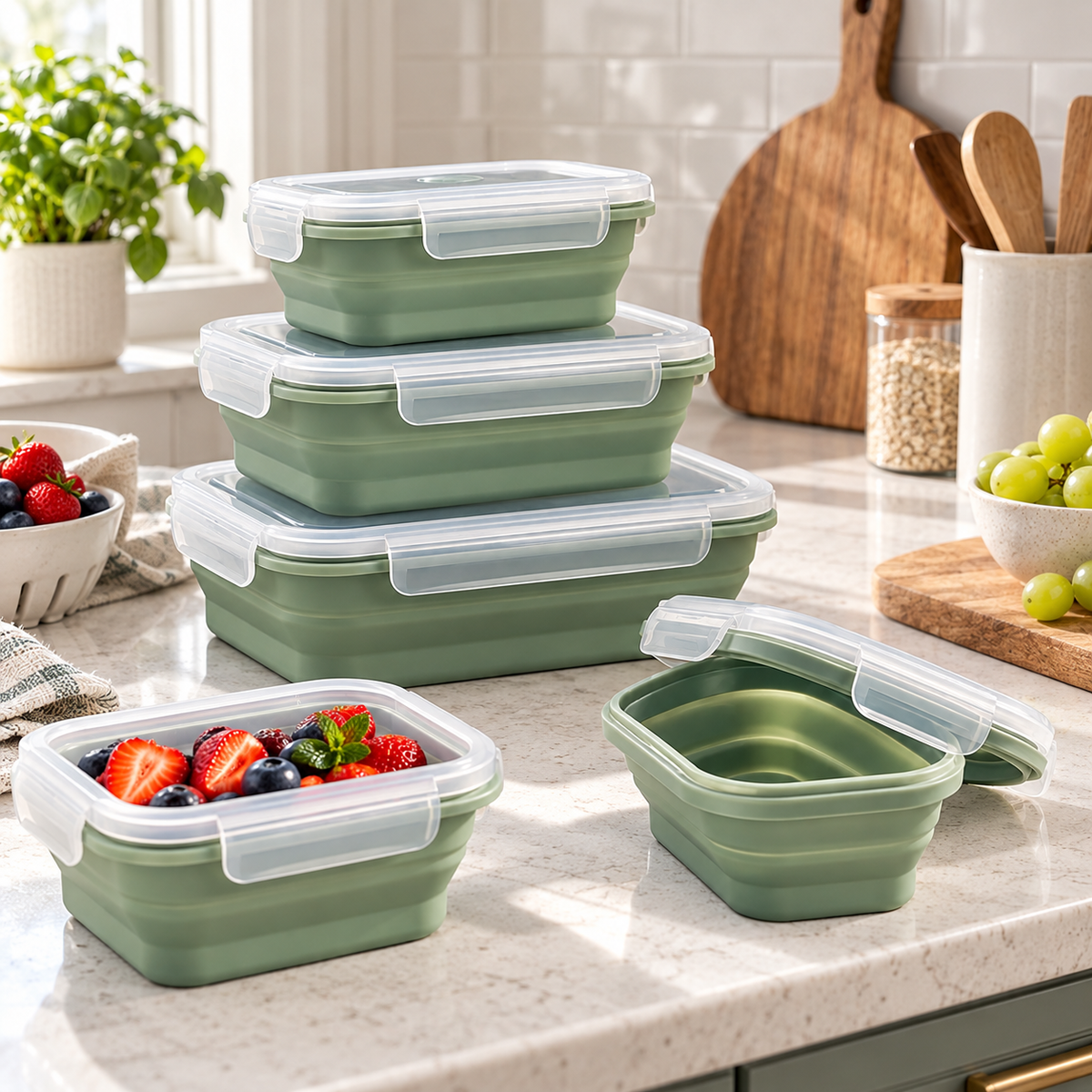 Collapsible Food Storage Containers with Snap-Lock Lids – Reusable Space-Saving Silicone Containers for Meal Prep, Picnics, Camping, Travel & Kitchen Organization