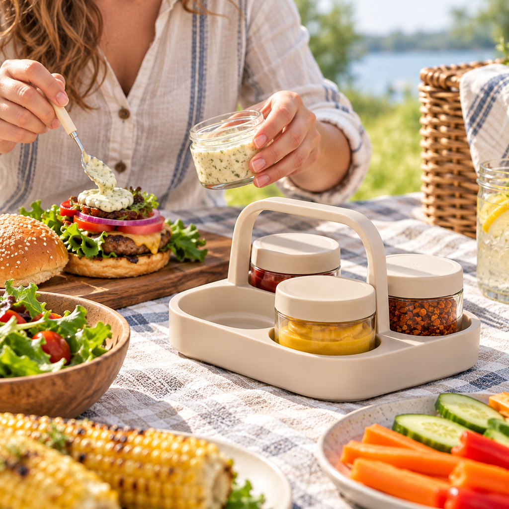 Portable 4-Piece Glass Condiment Jar Set with Carrying Handle – Reusable Sauce & Spice Containers for Picnics, BBQs, Camping, Travel & Outdoor Dining