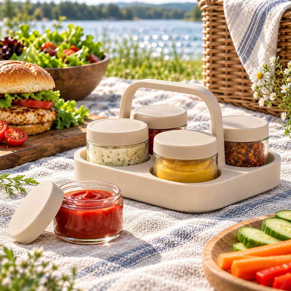Portable 4-Piece Glass Condiment Jar Set with Carrying Handle – Reusable Sauce & Spice Containers for Picnics, BBQs, Camping, Travel & Outdoor Dining