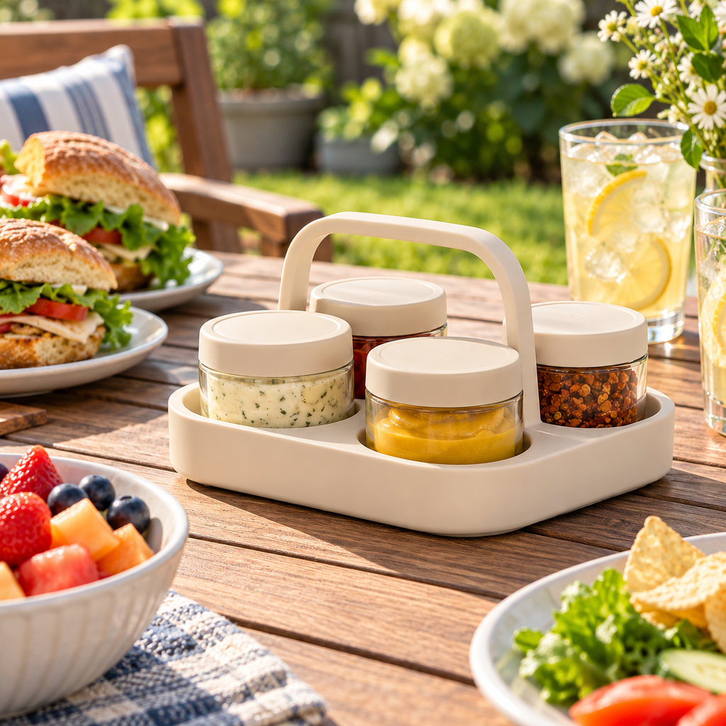 Portable 4-Piece Glass Condiment Jar Set with Carrying Handle – Reusable Sauce & Spice Containers for Picnics, BBQs, Camping, Travel & Outdoor Dining