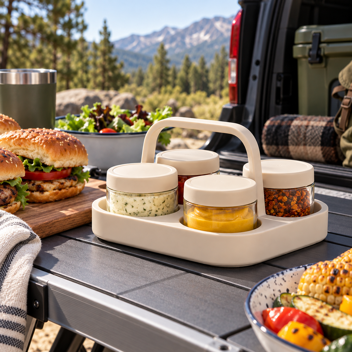 Portable 4-Piece Glass Condiment Jar Set with Carrying Handle – Reusable Sauce & Spice Containers for Picnics, BBQs, Camping, Travel & Outdoor Dining