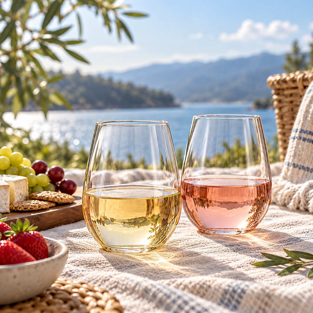 Elegant Stemless Wine Glasses Set of 2 – Modern Clear Drinking Tumblers for Picnics, Outdoor Dining, Patio Parties, Camping, Weddings & Everyday Entertaining