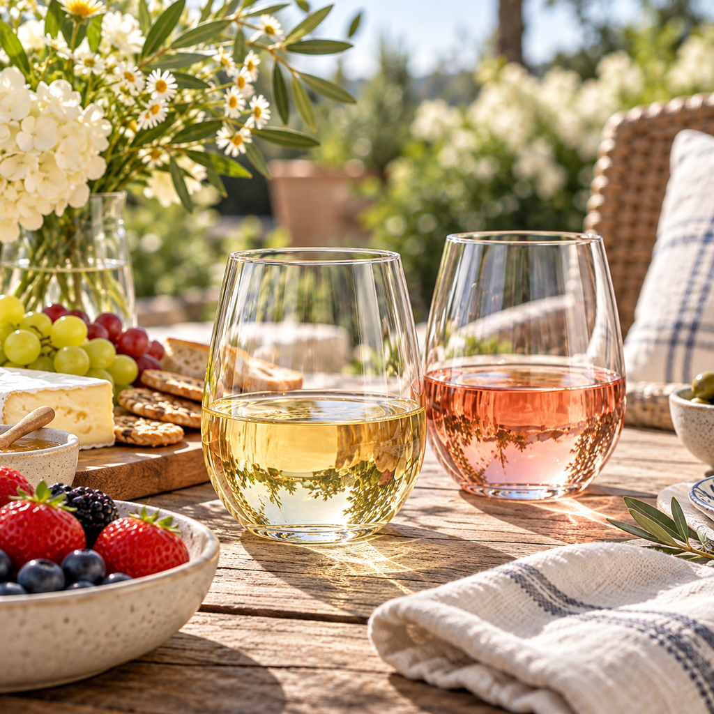 Elegant Stemless Wine Glasses Set of 2 – Modern Clear Drinking Tumblers for Picnics, Outdoor Dining, Patio Parties, Camping, Weddings & Everyday Entertaining