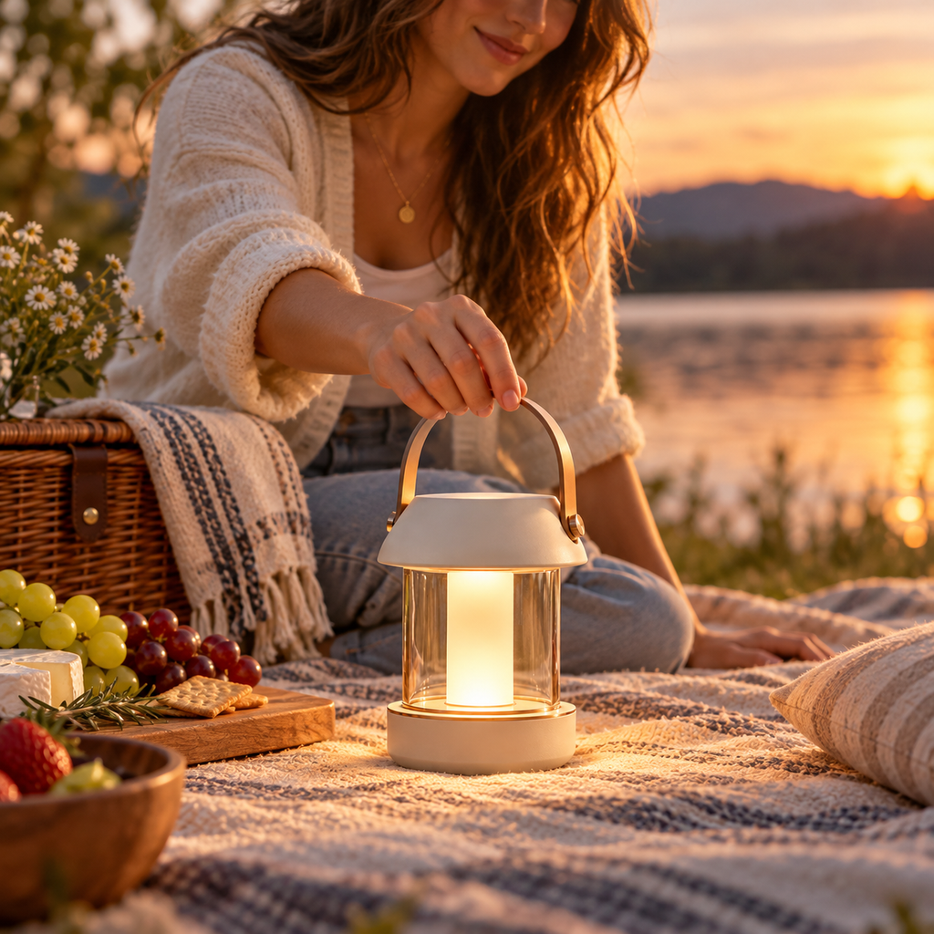 Portable LED Camping Lantern with Warm Light & Carry Handle – Modern Outdoor Table Lamp for Camping, Picnics, Patio Dining, Backyard Gatherings & Cozy Evenings
