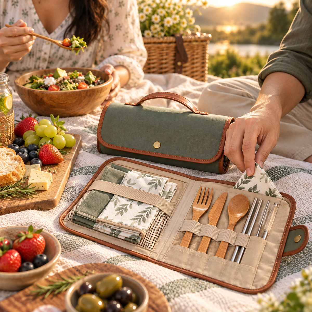 Portable Roll-Up Picnic Cutlery Set with Carrying Case – Reusable Wooden Utensils, Stainless Steel Straws & Cloth Napkins for Camping, Outdoor Dining, Travel & Picnics