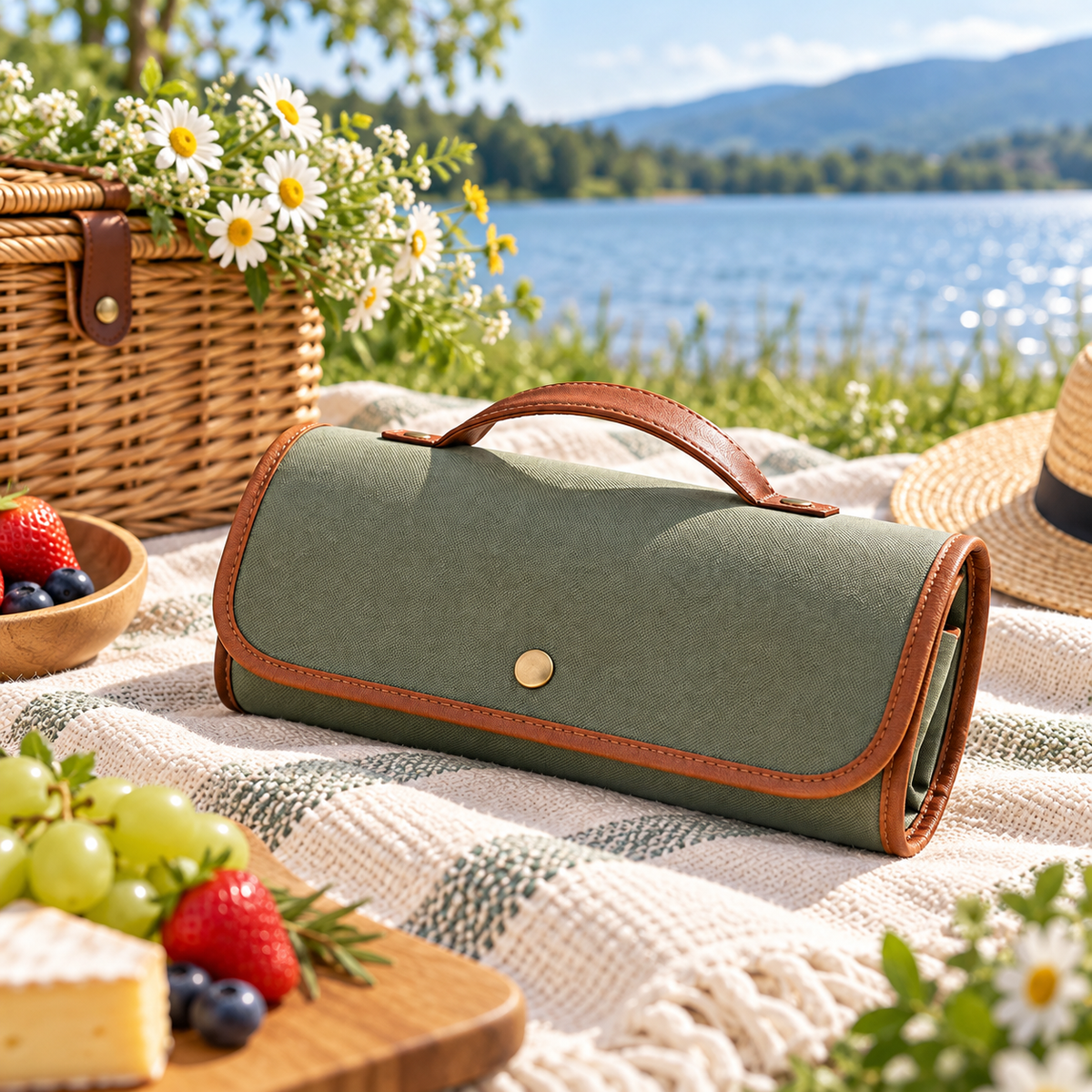 Portable Roll-Up Picnic Cutlery Set with Carrying Case – Reusable Wooden Utensils, Stainless Steel Straws & Cloth Napkins for Camping, Outdoor Dining, Travel & Picnics