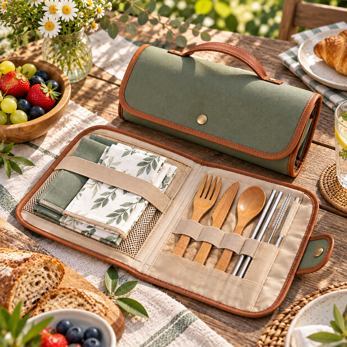 Portable Roll-Up Picnic Cutlery Set with Carrying Case – Reusable Wooden Utensils, Stainless Steel Straws & Cloth Napkins for Camping, Outdoor Dining, Travel & Picnics