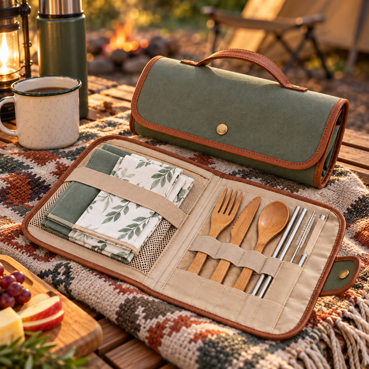 Portable Roll-Up Picnic Cutlery Set with Carrying Case – Reusable Wooden Utensils, Stainless Steel Straws & Cloth Napkins for Camping, Outdoor Dining, Travel & Picnics